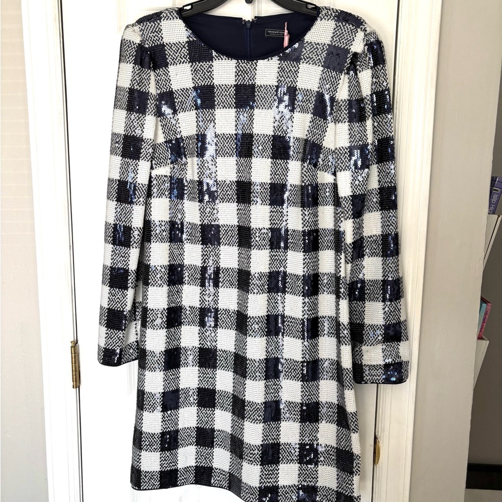 VINEYARD VINES•navy blue/white buffalo check sequin mini dress Medium NWT - Picture 3 of 7